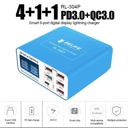 RELIFE RL-304P 6-Port Smart USB Charger with PD3.0, QC3.0 & Digital Display