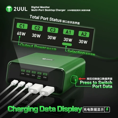 2UUL PC12 Digital Monitor 110W Multi-Port Desktop Fast Charging Station Real-Time Voltage & Current Diagnostic Display Hub with USB-C PD 3.0 & USB-A QC 3.0 for Mobile Phone & Laptop Repair