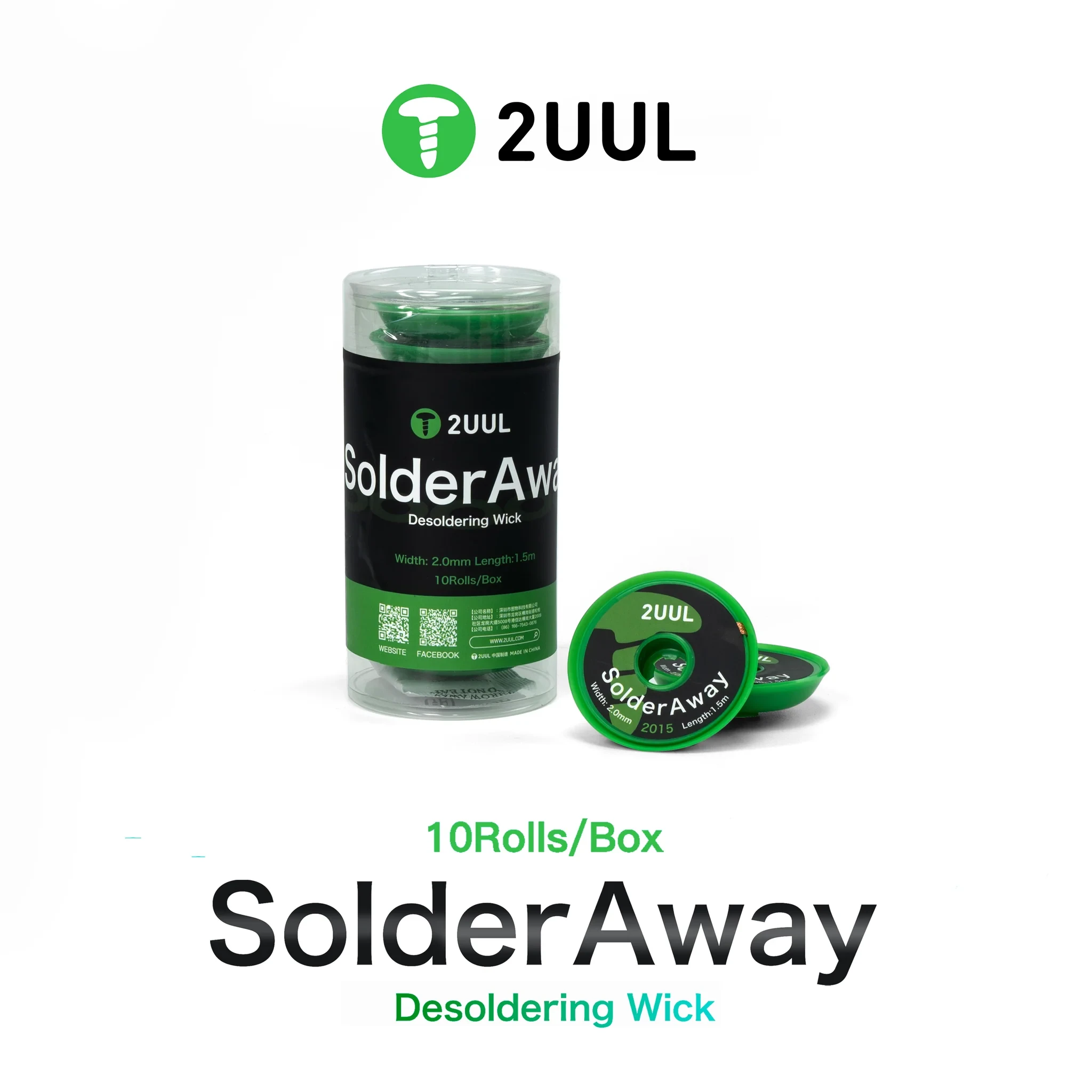 2UUL DW11 SolderAway Desoldering Wick 2015 (10 Rolls/Box) Pure Oxygen-Free Braided Copper Solder Removal Braid (2.0mm × 1.5m) Low-Residue High-Capillary Wire for Mobile Phone BGA Pad Leveling & PCB Micro-Soldering
